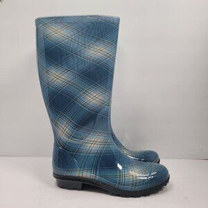 Chinook Women's Blue Plaid Rain Boots Made In USA US Size 6 NWOT